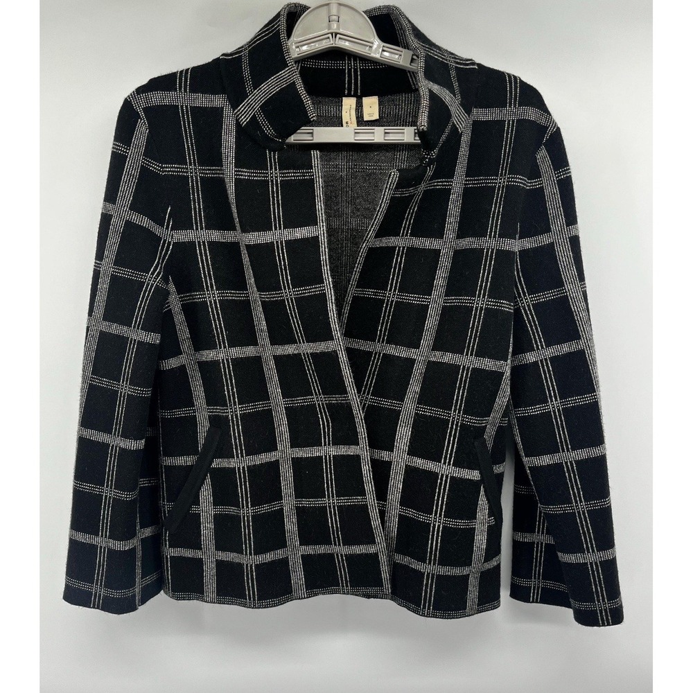 Anthropologie MOTH Black &‎ Gray Window Pane Plaid Checker Cardigan Sweater S